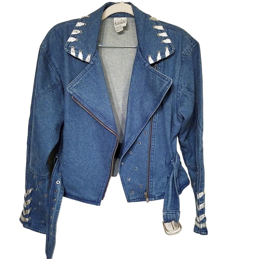 GANTOS Vintage 80's Denim Silver-Laced Motorcycle Jacket Size Small - Picture 6 of 10